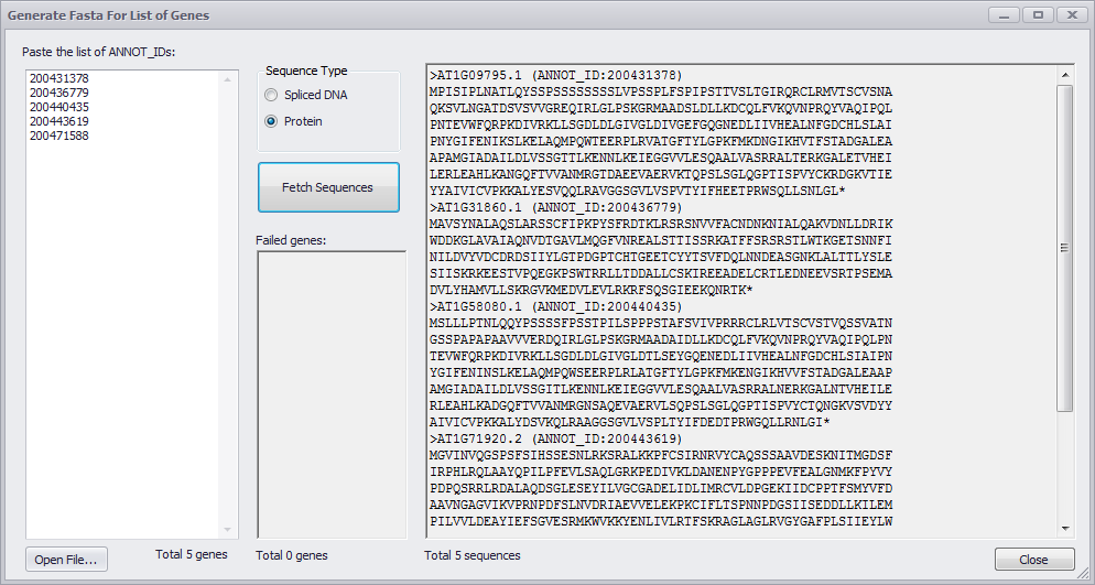 FASTA file generated from list of ANNOT_IDs