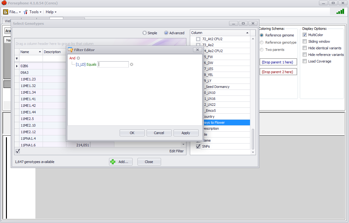 Select Genotype Filter Enter Values