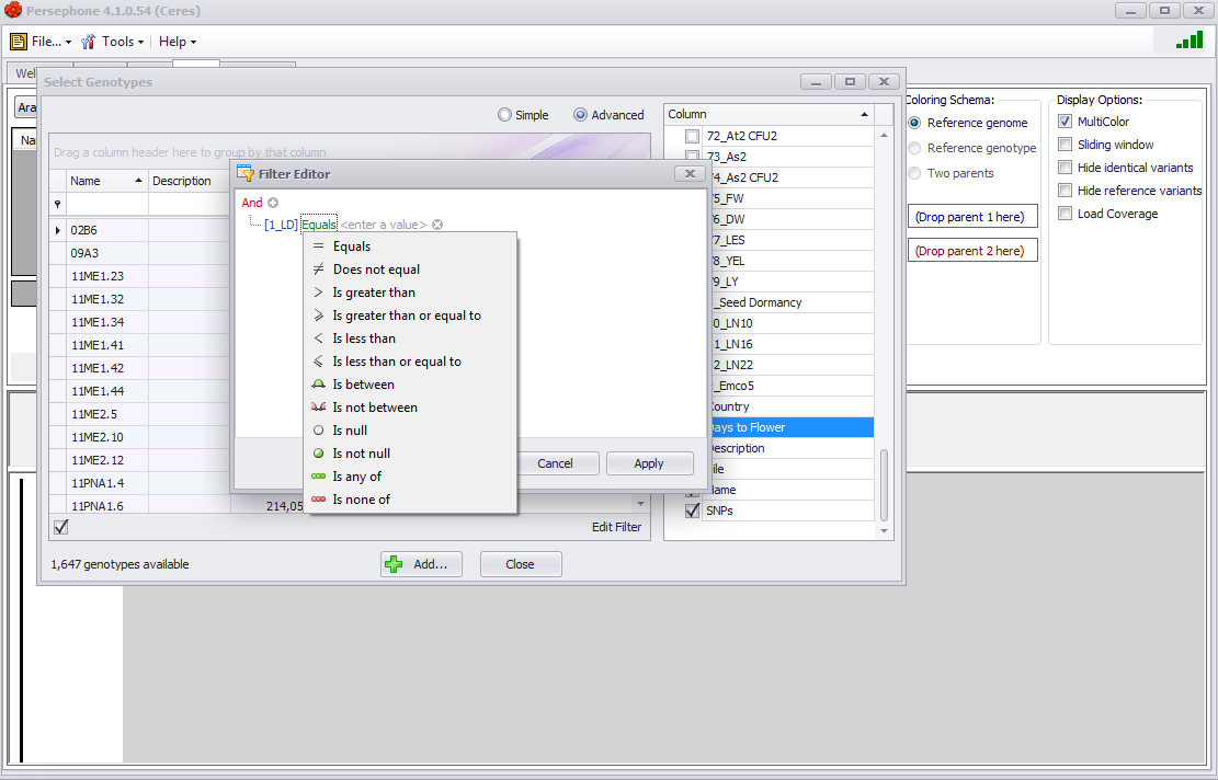 Select Genotype Filter Editor Operators
