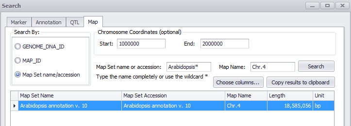 Search window for Maps by Map Set name/accession
